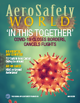 Cover of the April 2020 issue of AeroSafety World featuring illustrations of coronaviruses